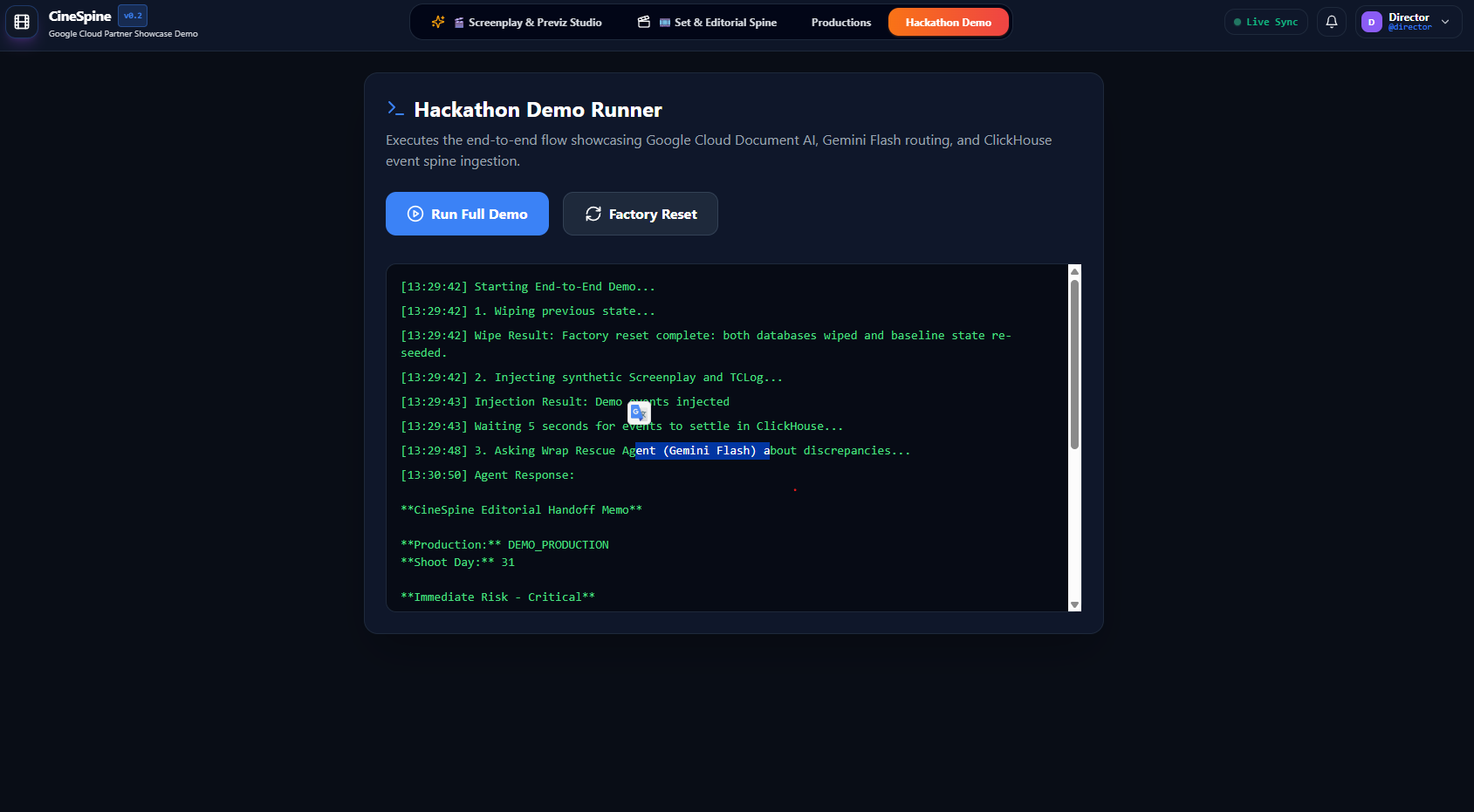 Hackathon Demo panel: Run Full Demo seeds Day 31 paperwork end to end