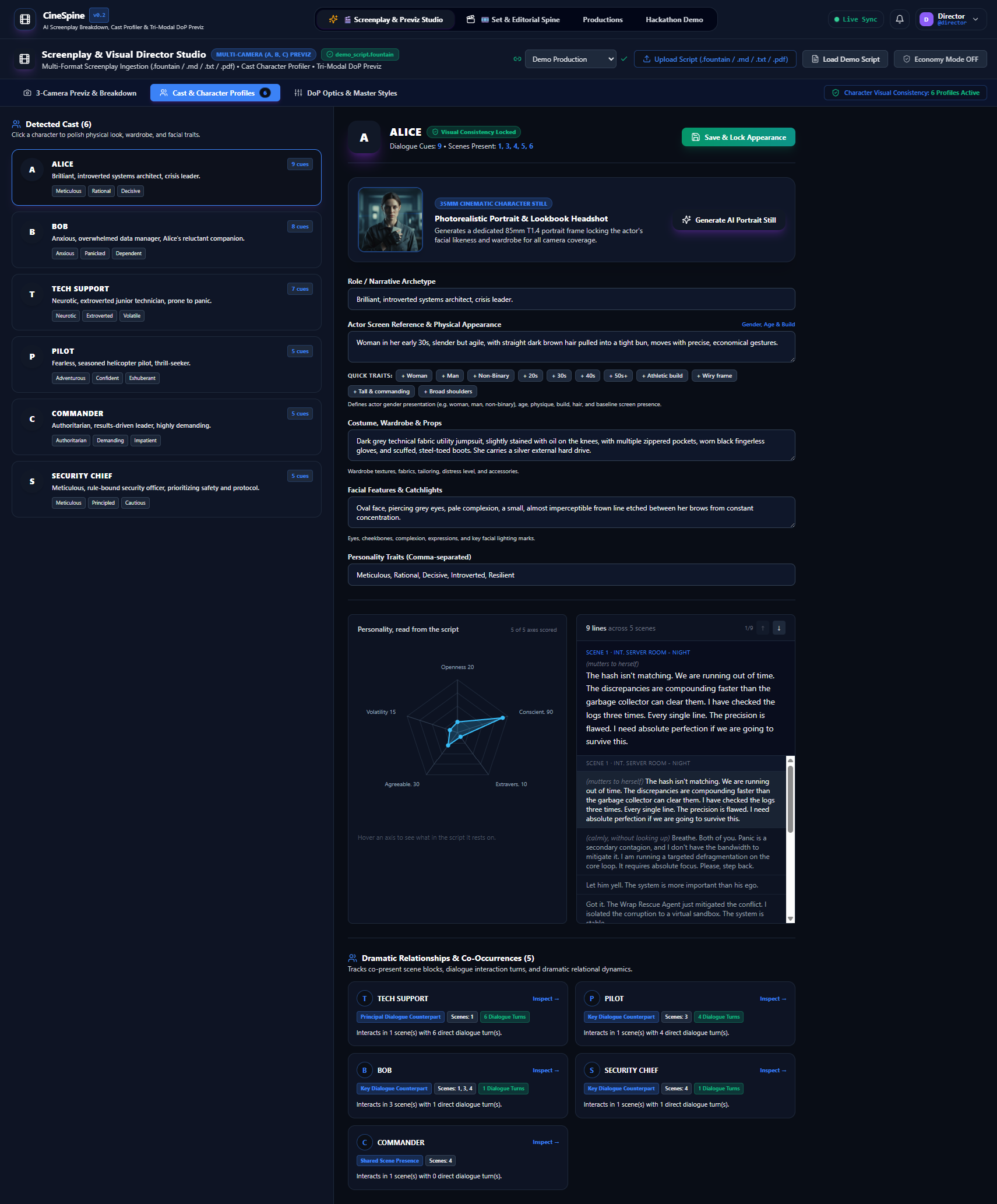 Cast & Character Profiles: six detected characters with Gemini-inferred appearance, wardrobe and facial features, personality radar and dialogue evidence