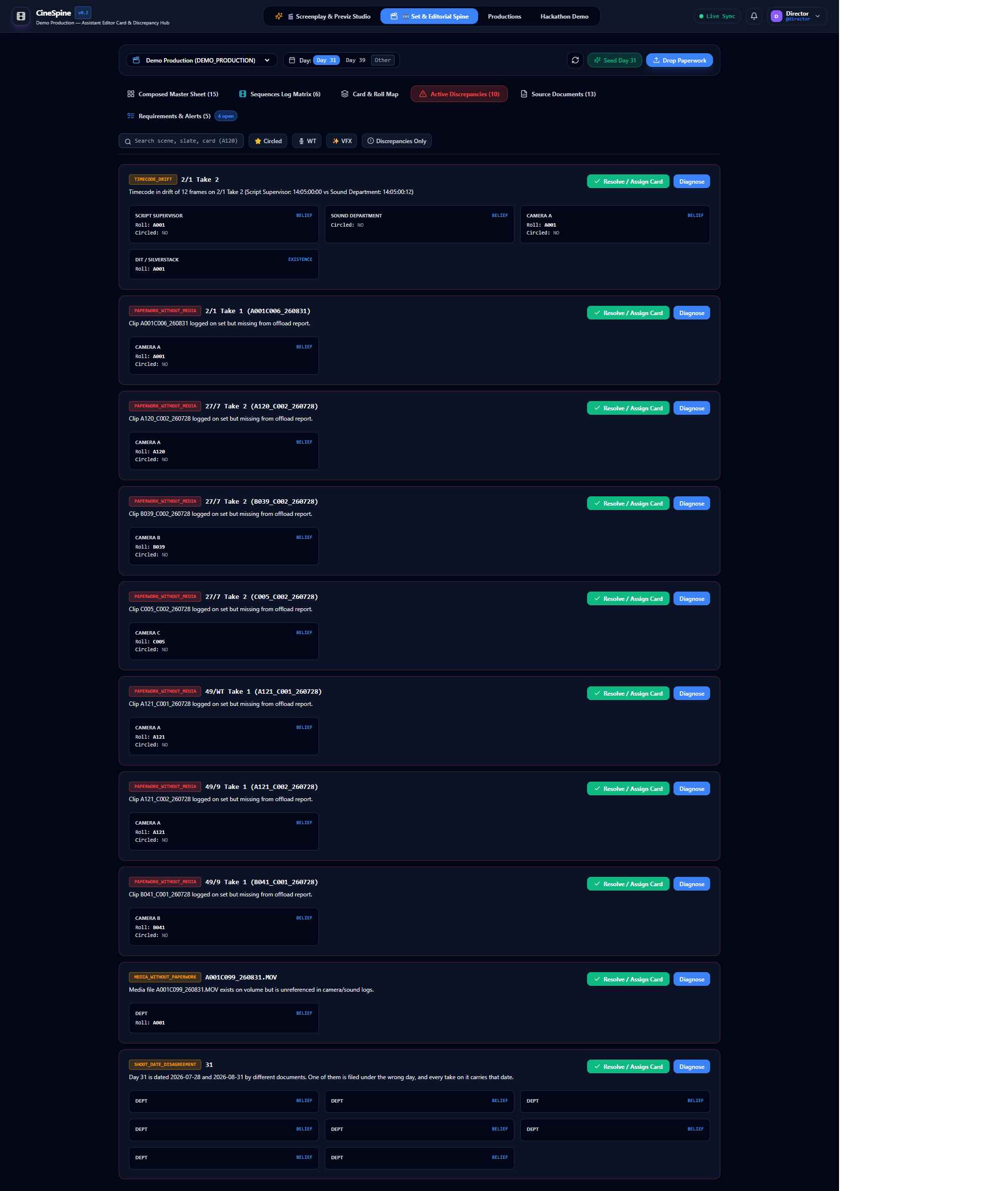 Active Discrepancies hub showing TIMECODE_DRIFT, PAPERWORK_WITHOUT_MEDIA and MEDIA_WITHOUT_PAPERWORK cards with witness panels