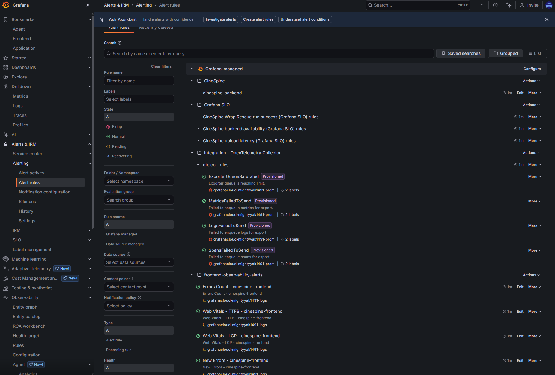 Grafana alert rules for CineSpine